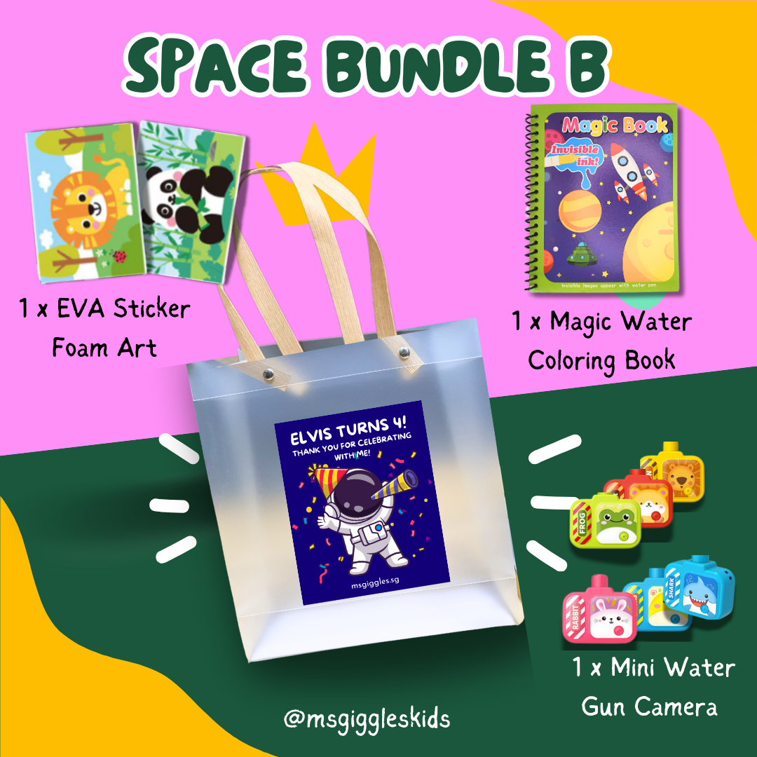 Kids goodie bags with EVA foam stickers, magic water coloring book, and mini water gun camera in a party pack