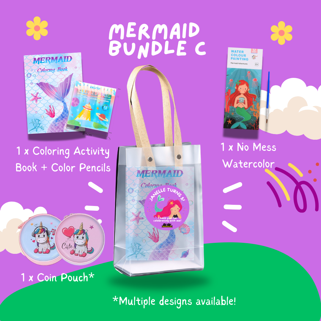 Fun with Colors party pack Mermaid Bundle C with coloring book, colored pencils, no-mess watercolor, coin pouch, and clear tote bag