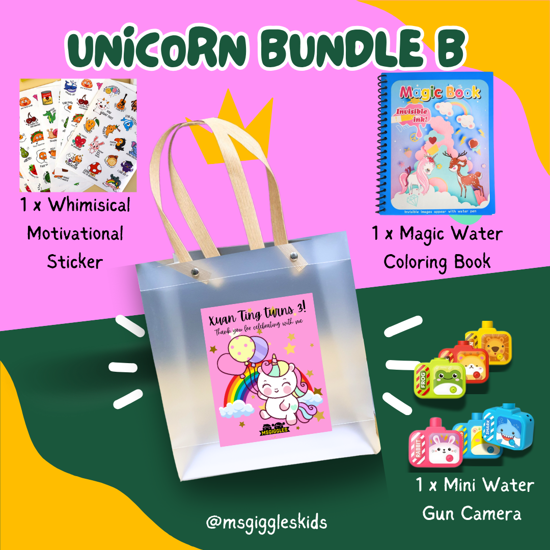 Kids goodie bags party pack with whimsical stickers, magic water coloring book, and mini water gun camera in a unicorn-themed gift bag