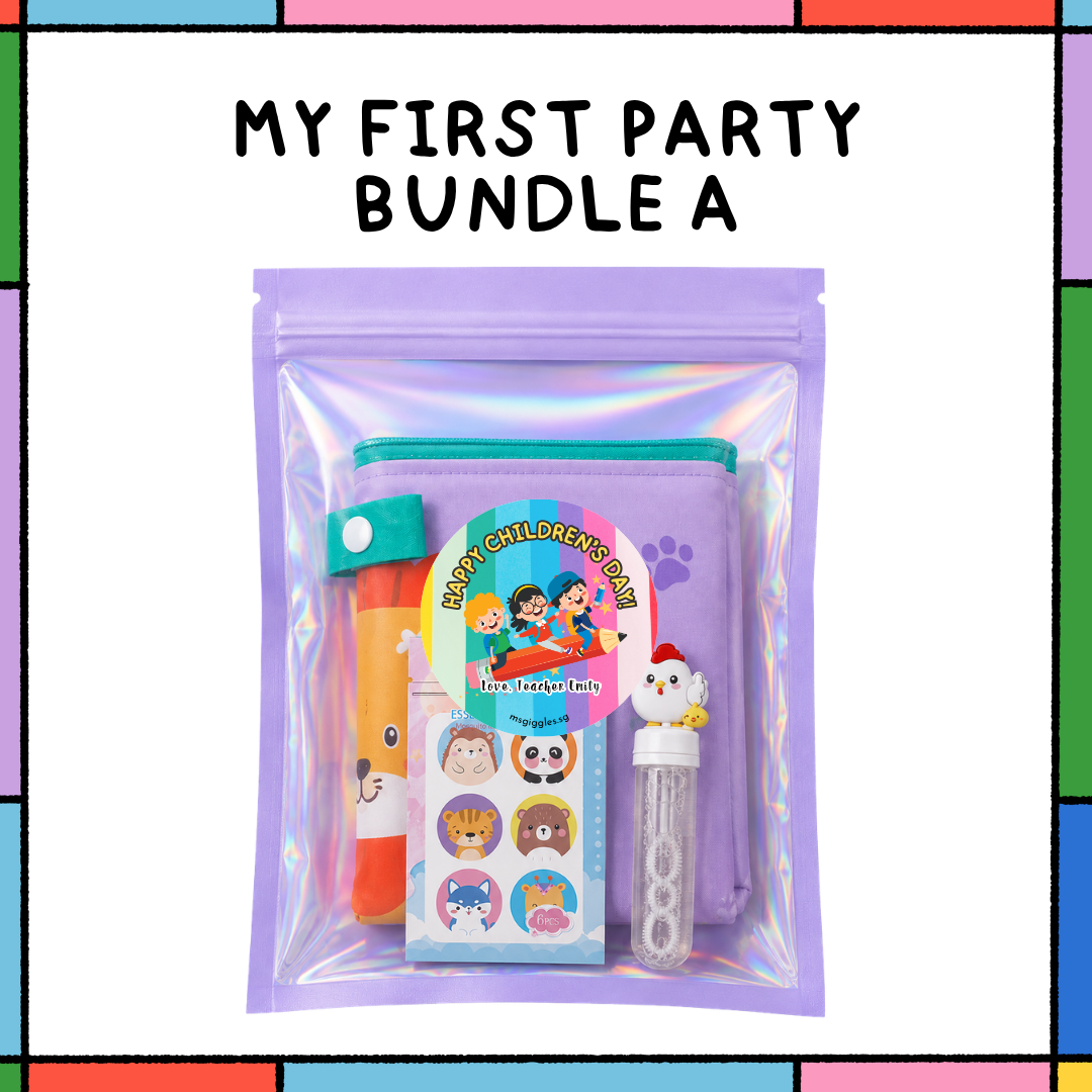Colorful My First Party swag pack with themed party supplies and decorations