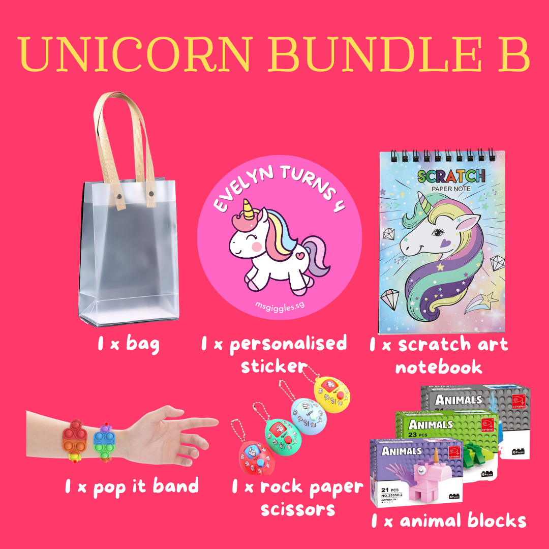 Scratch Art Party Pack unicorn-themed goodie bag with scratch art notebook, personalized sticker, pop it band, rock paper scissors toy, and animal blocks.