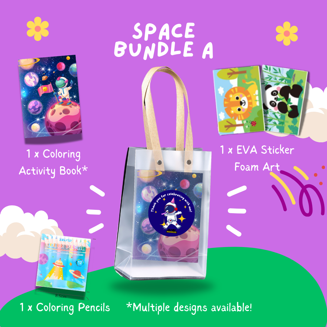Fun with Colors Party Pack Bundle A with space-themed coloring book, pencils, and EVA foam stickers in a clear tote bag for kids' creative activities