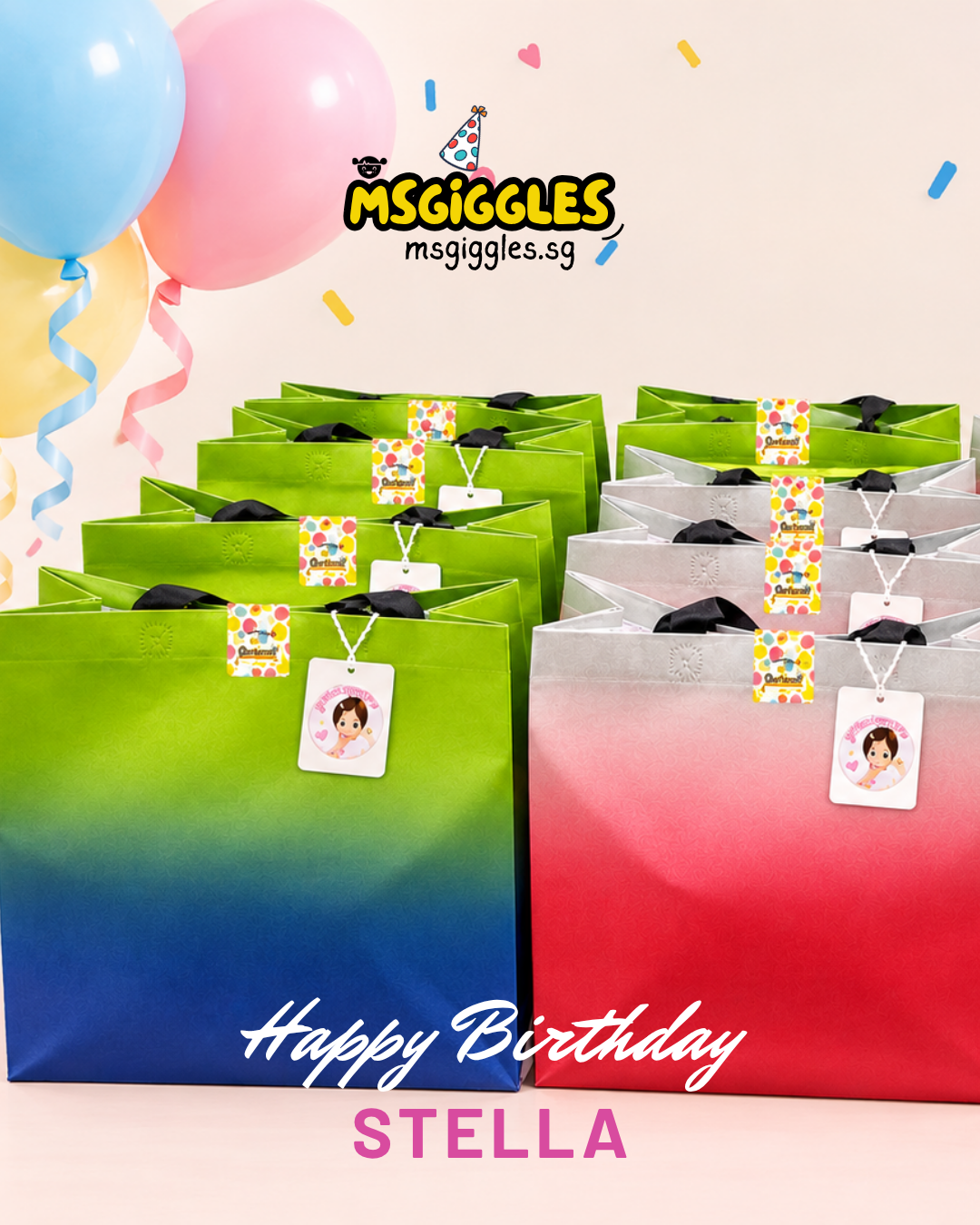 Bear-y Good Memories Gift Set presented in green-to-blue and red gradient bags with patterned seals and birthday tags.