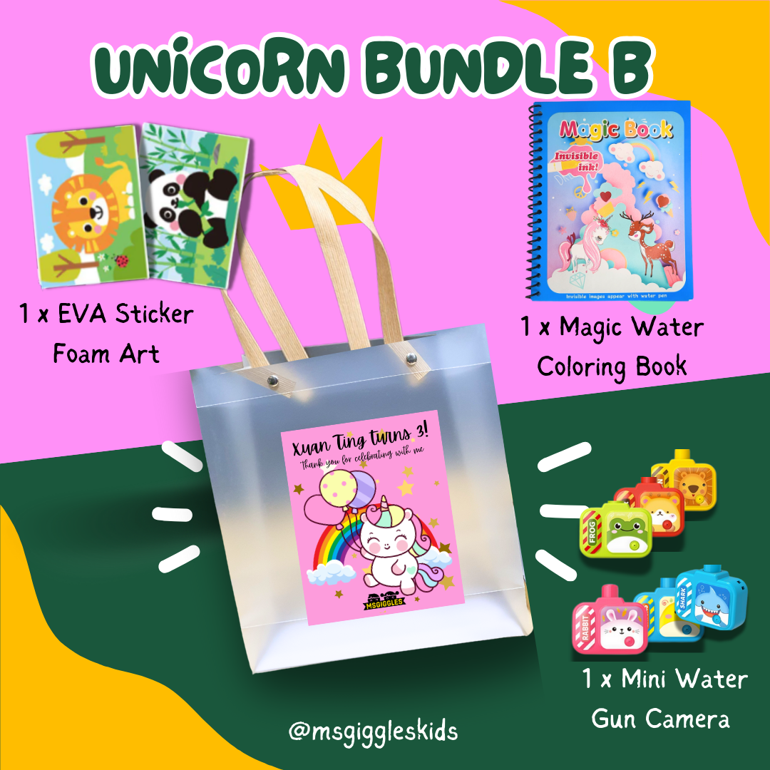 Kids goodie bags featuring EVA foam stickers, magic water coloring book, and mini water gun camera in a unicorn-themed party pack.