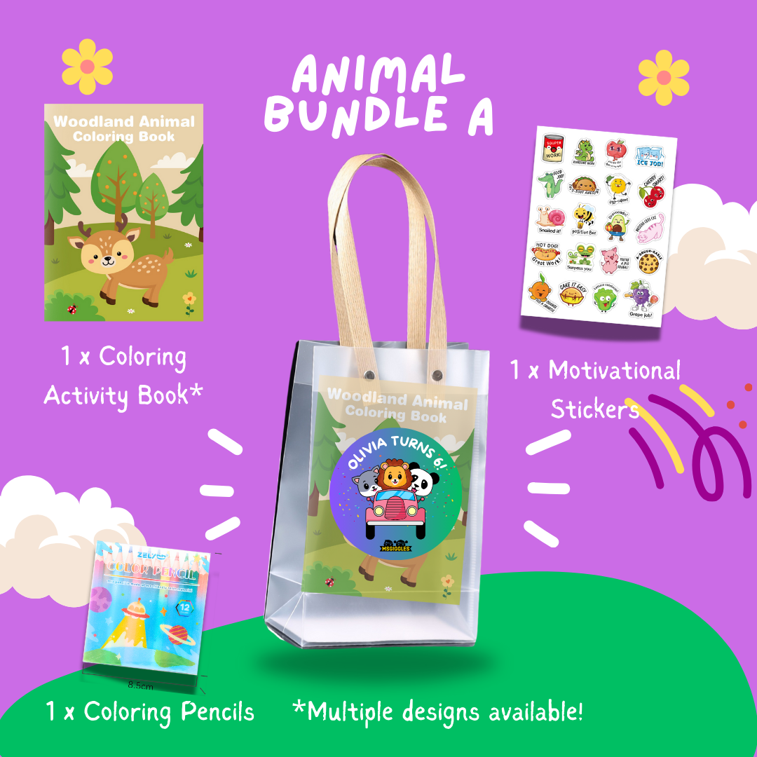Fun with Colors Party Pack - Animal Bundle A with coloring book, pencils, and motivational stickers on a colorful background.