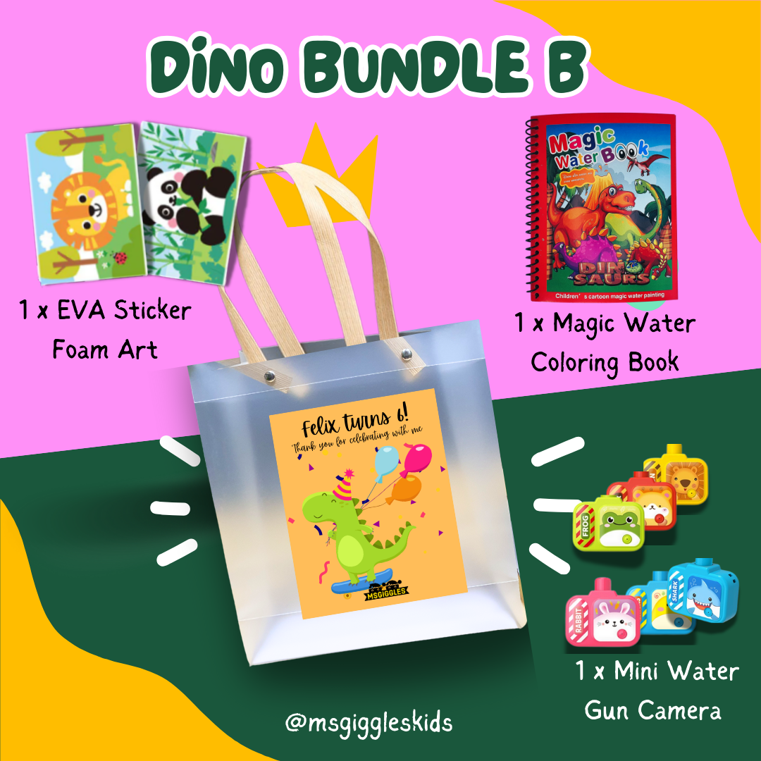 Kids goodie bags with EVA foam stickers, magic water coloring book, and mini water gun camera in a dinosaur-themed gift pack