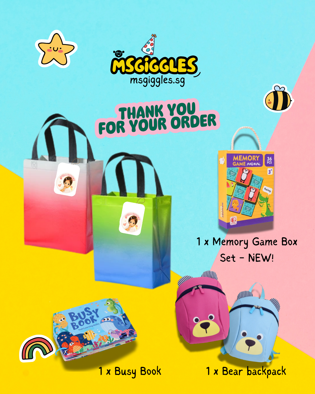 Bear-y Good Memories Gift Set with ombré pink and green tote bags, colorful busy book, game box and bear backpacks