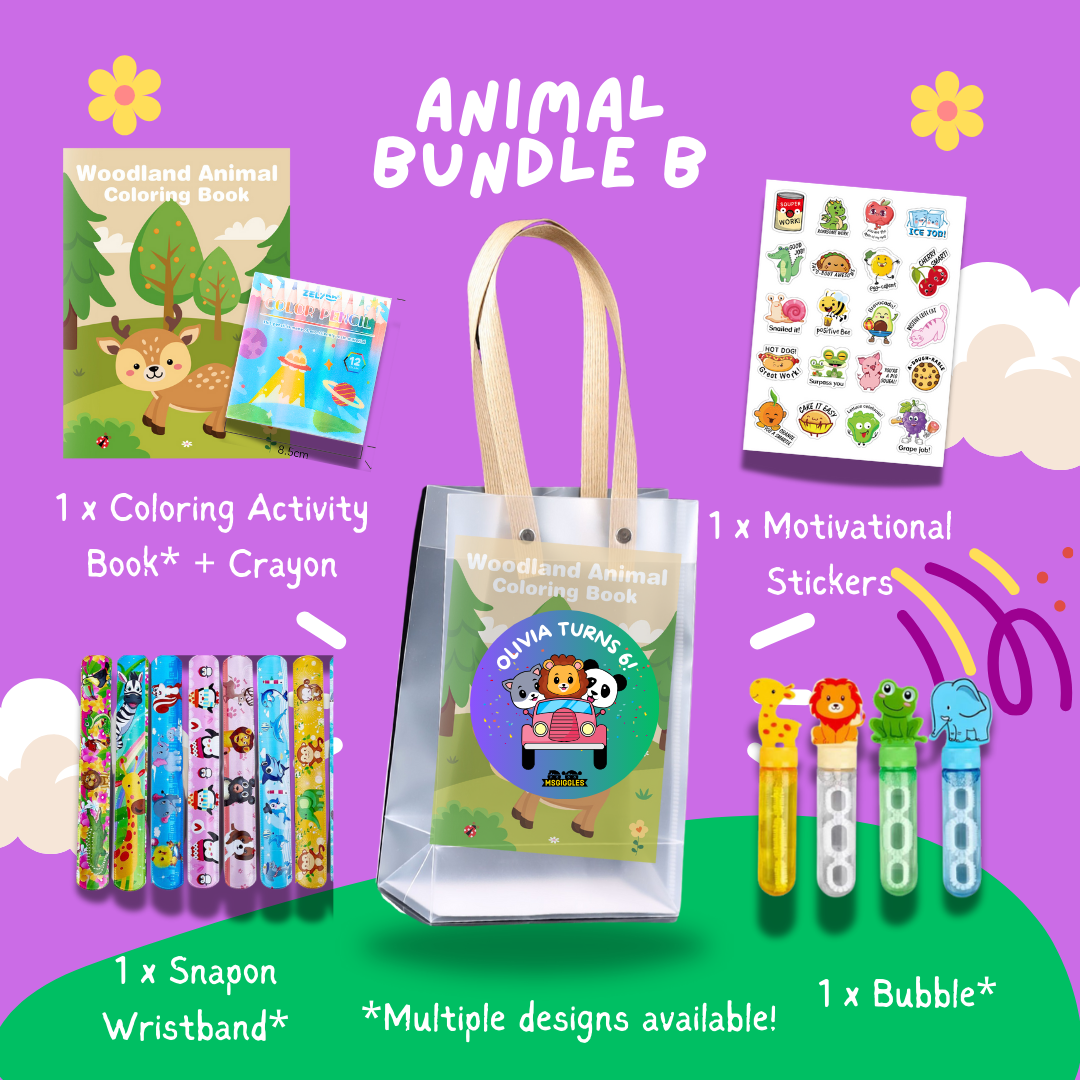 Fun with Colors Party Pack - Bundle B with coloring book, crayon, stickers, snap-on wristband, and bubble wand for kids' parties.