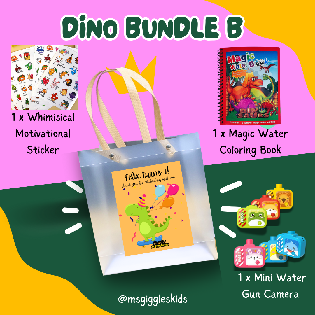 Kids goodie bags party pack with magical water coloring book, whimsical stickers, and mini water gun camera in a silver gift bag for creative kids.