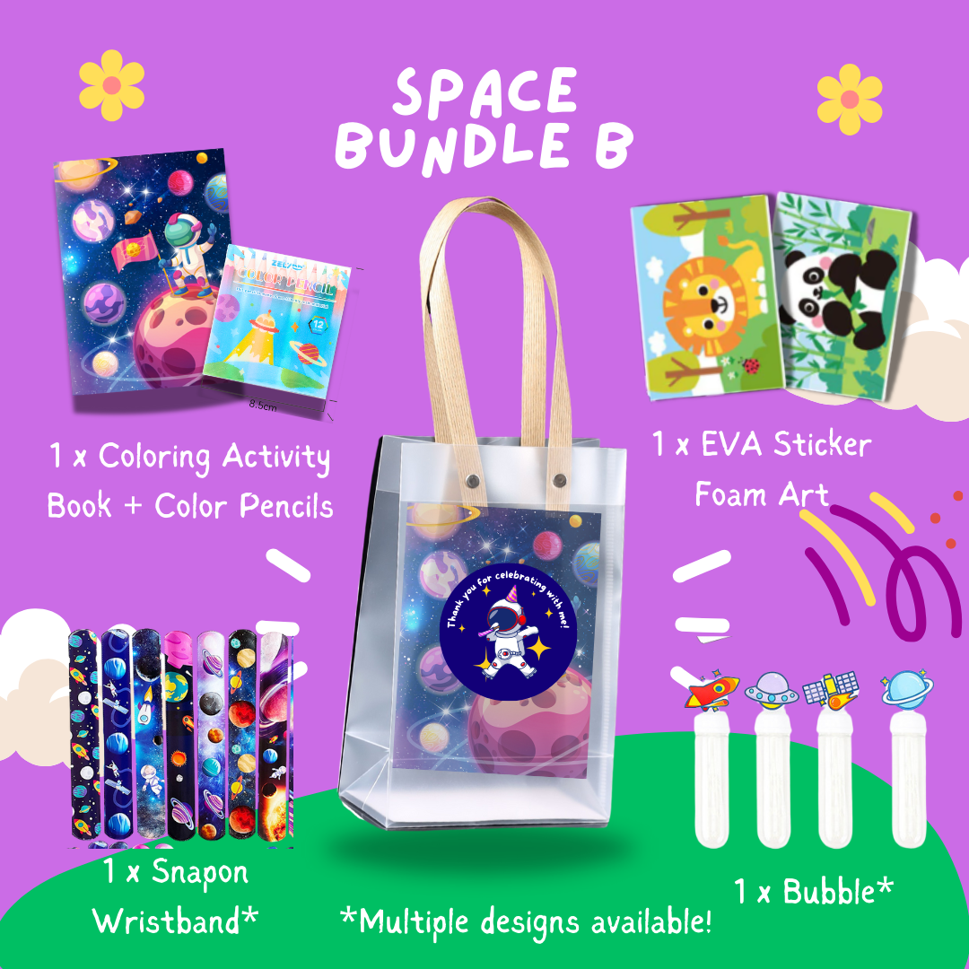 Fun with Colors Space Bundle B party pack with coloring book, color pencils, EVA sticker foam art, snap-on wristband, and bubble wand in clear bag