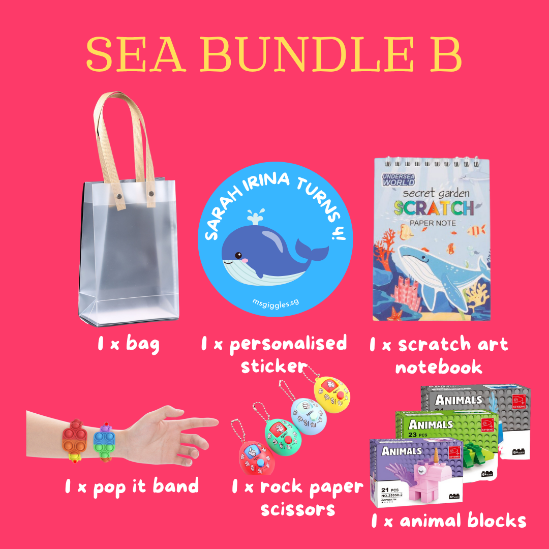 Scratch Art Party Pack with bag, personalized sticker, scratch art notebook, pop it band, rock paper scissors, and animal blocks for kids' parties.