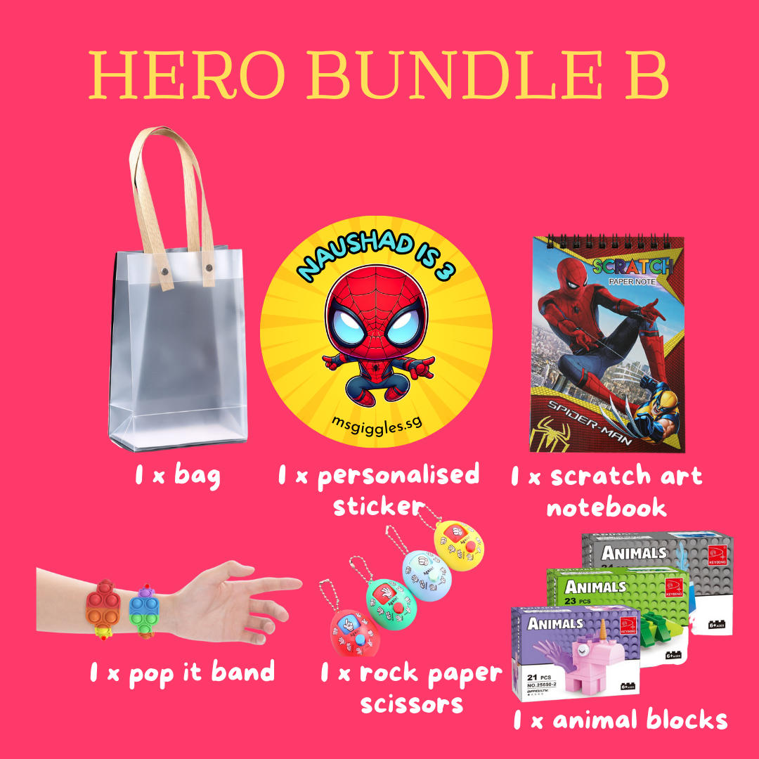 Scratch Art Party Pack with personalized sticker, scratch art notebook, pop it band, rock paper scissors, animal blocks, and gift bag