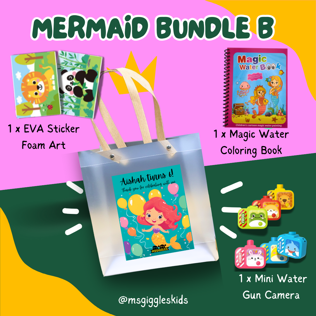 Kids goodie bags with EVA foam stickers, magic water coloring book, and mini water gun camera in a mermaid-themed party pack