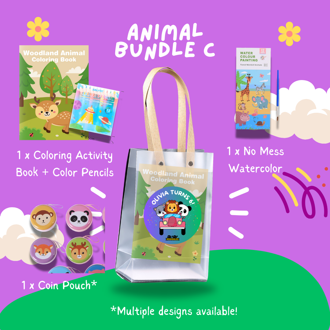 Fun with Colors Party Pack - Animal Bundle C with coloring book, no-mess watercolor set, and coin pouch on a colorful design background.
