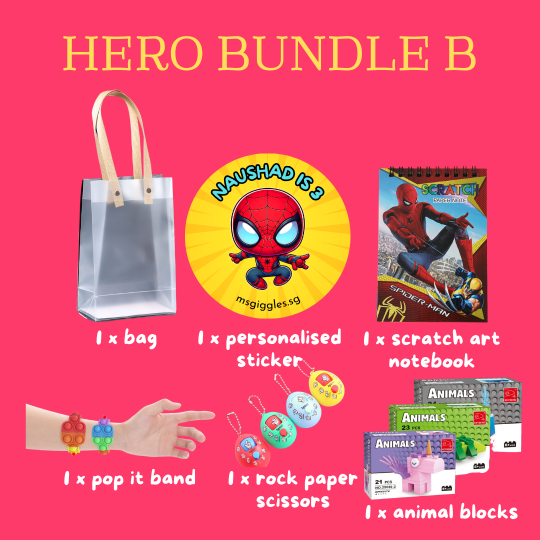 Scratch Art Party Pack with a transparent gift bag, personalized Spider-Man sticker, scratch art notebook, pop it band, rock paper scissors toys, and animal blocks for kids' party favors.