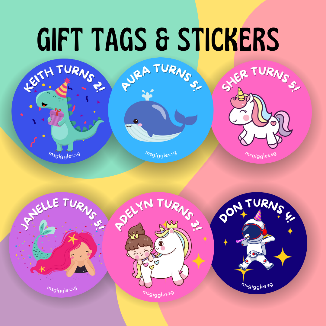 Gift tags and stickers with personalized messages and colorful designs featuring dinosaurs, whales, unicorns, mermaids, and astronauts.