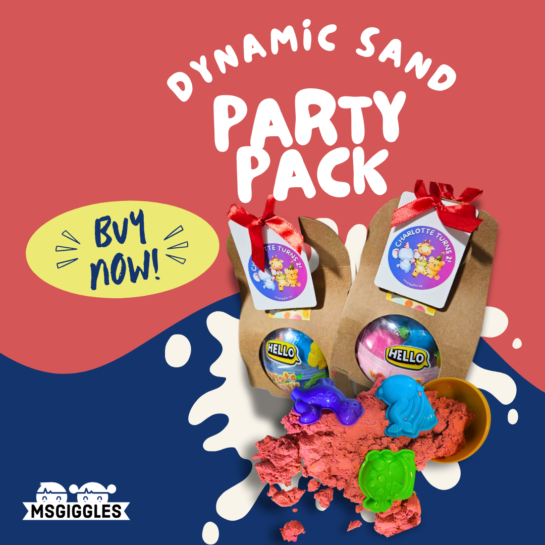 Dynamic Sand Party Pack with colorful kinetic sand, animal and sea creature molds, and customized gift tags for kids&#39; sensory play and creativity.