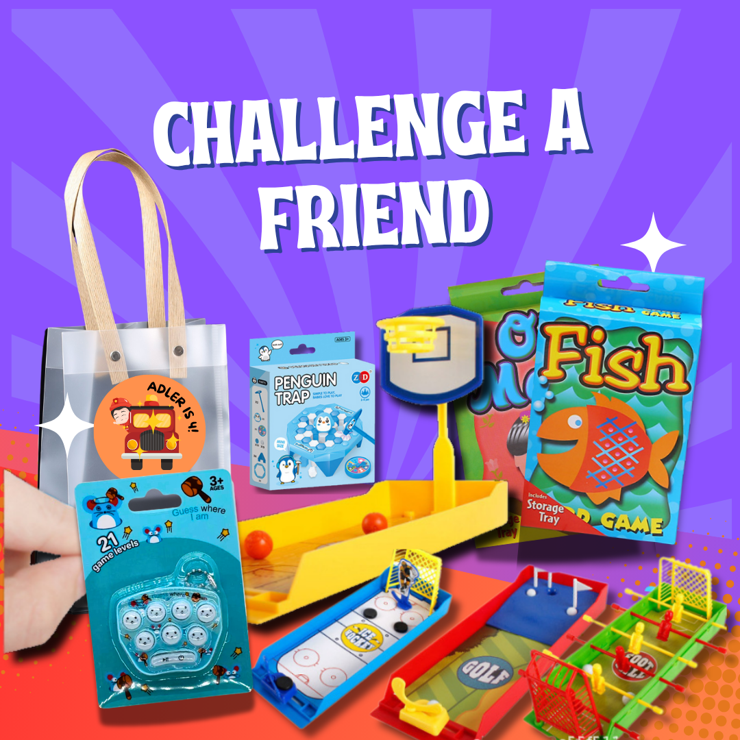 Challenge A Friend Party Pack with toys and games in colorful packaging, ideal for children&#39;s celebrations.
