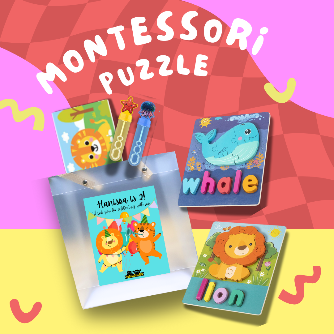 Montessori Puzzle Party Pack with wooden animal puzzles, bubbles, and personalized party favor bag for kids
