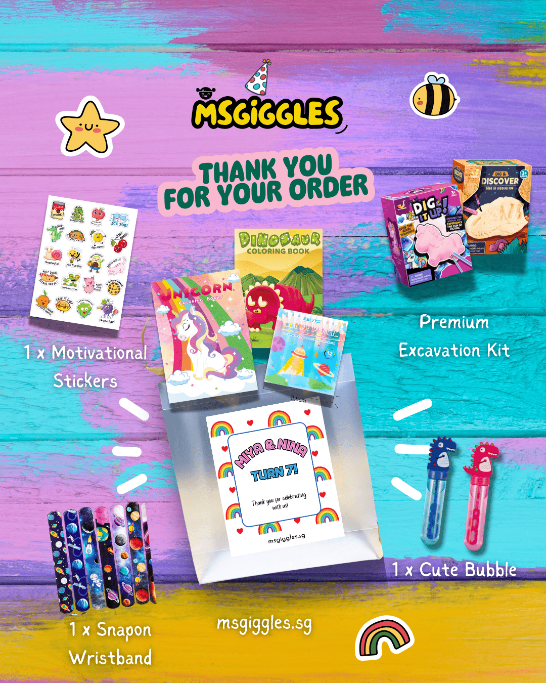 Somewhere Over the Rainbow kids goodie bag with coloring book, non-toxic pencils, motivational stickers, excavation kit, bubble wands, and snap-on wristband
