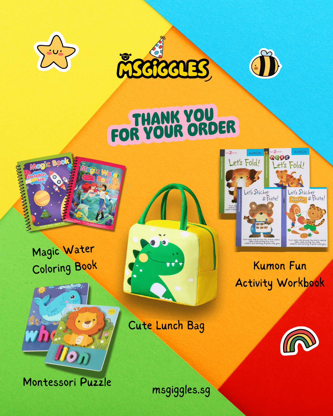 Mini CEO goodie bag with magic water coloring books, Montessori puzzle, cute dinosaur lunch bag, and Kumon fun activity workbooks on colorful background