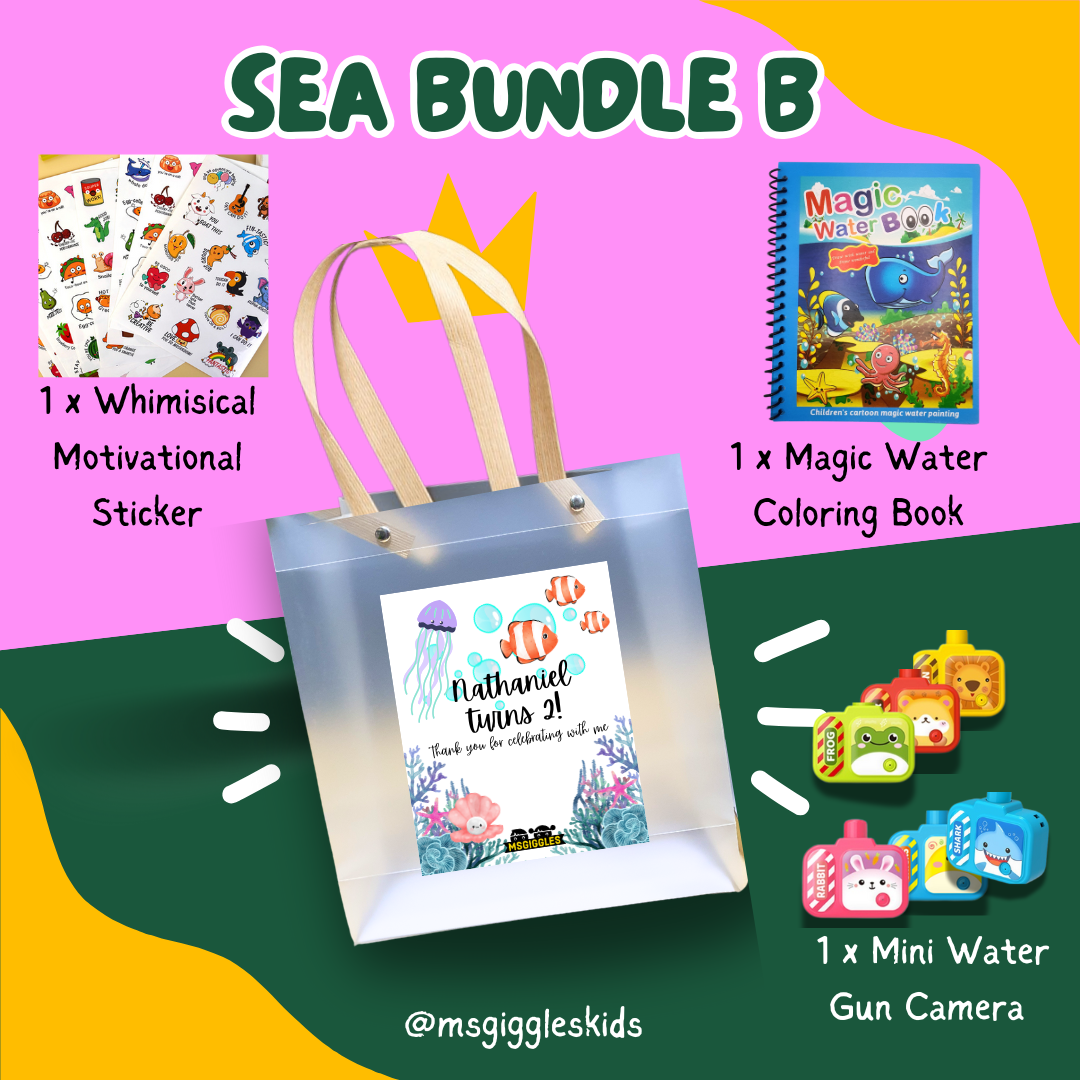 Kids goodie bags Sea Bundle B with whimsical stickers, magic water coloring book, and mini water gun camera in a themed party pack bag