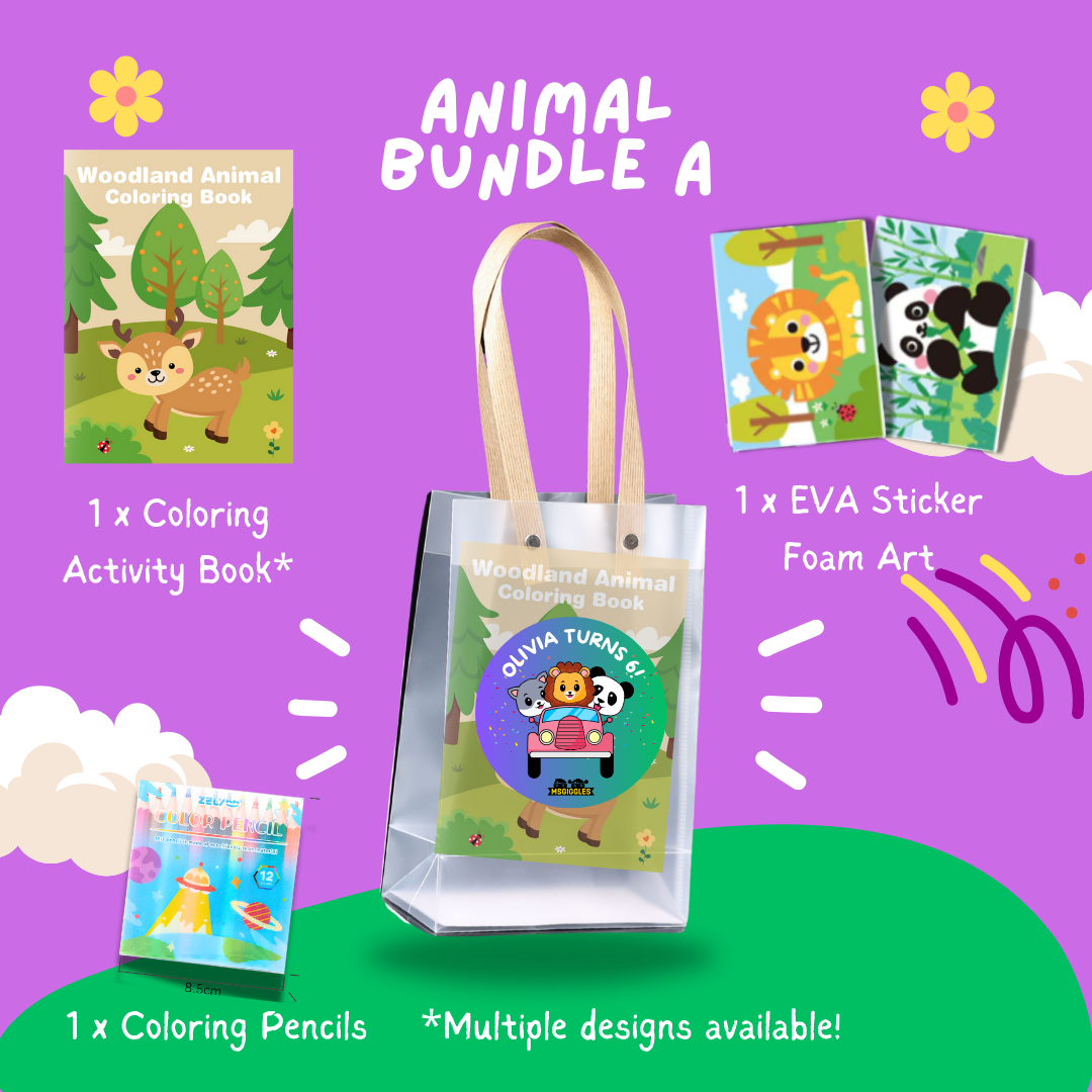 Fun with Colors party pack Bundle A with woodland animal coloring book, coloring pencils, and EVA foam stickers in a transparent goodie bag