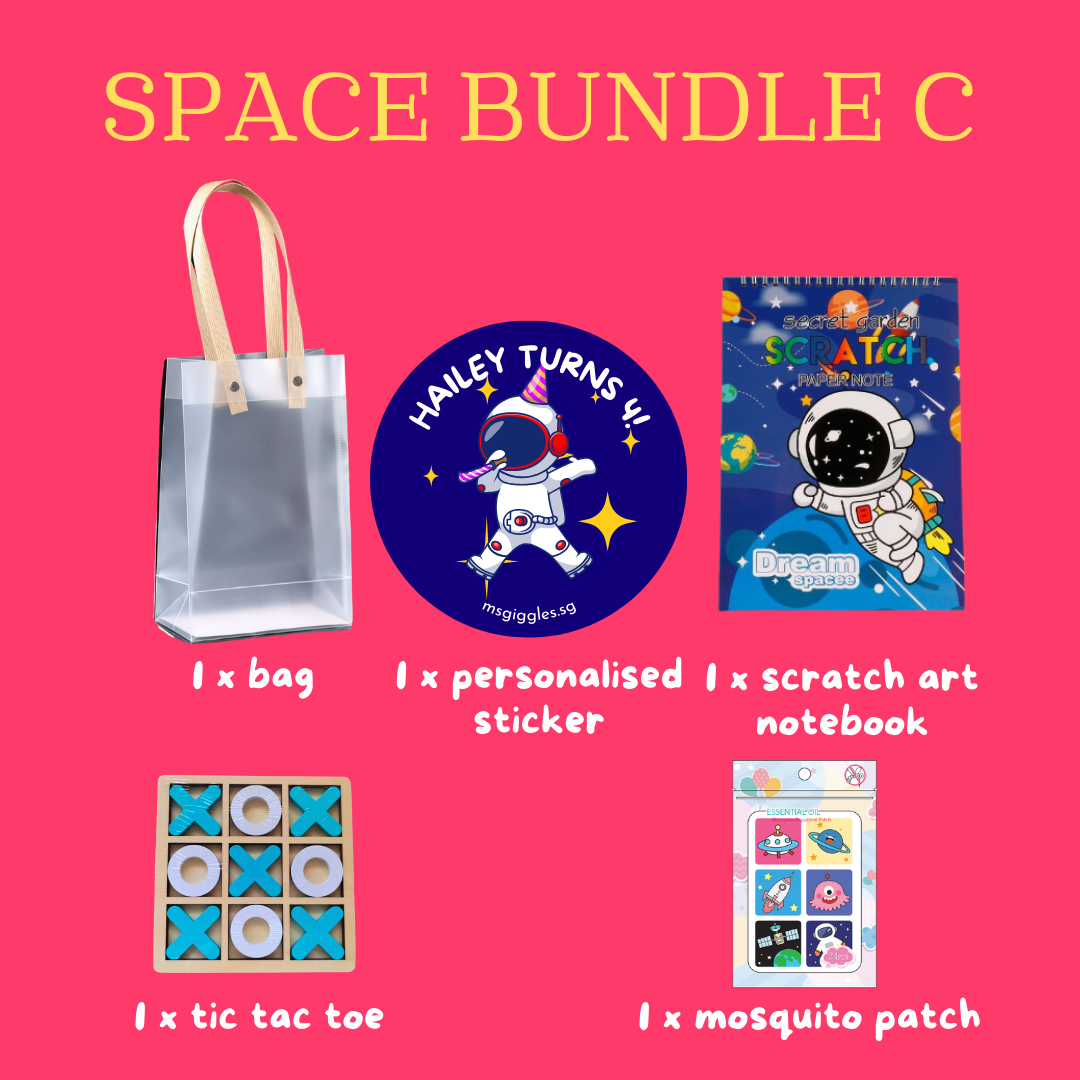 Scratch Art Party Pack with personalized sticker, scratch art notebook, tic tac toe game, mosquito patch, and clear gift bag on pink background