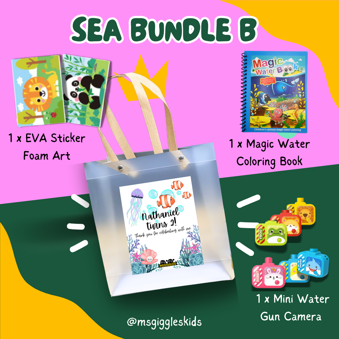 Kids goodie bags with EVA foam sticker art, magic water coloring book, mini water gun camera, and themed party bag for creative fun