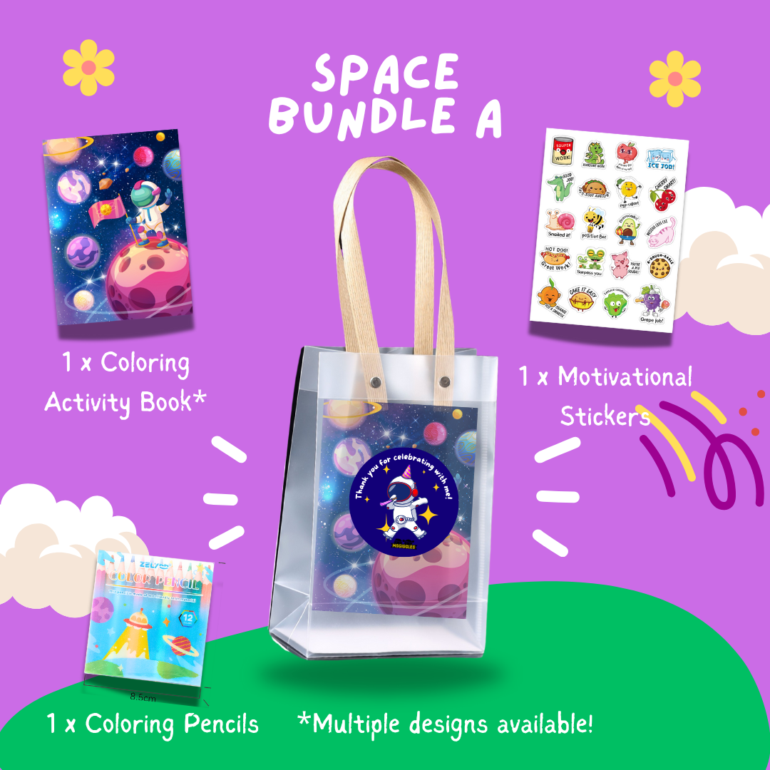 Fun with Colors Party Pack - Space Bundle A with coloring book, pencils, and motivational stickers for kids.