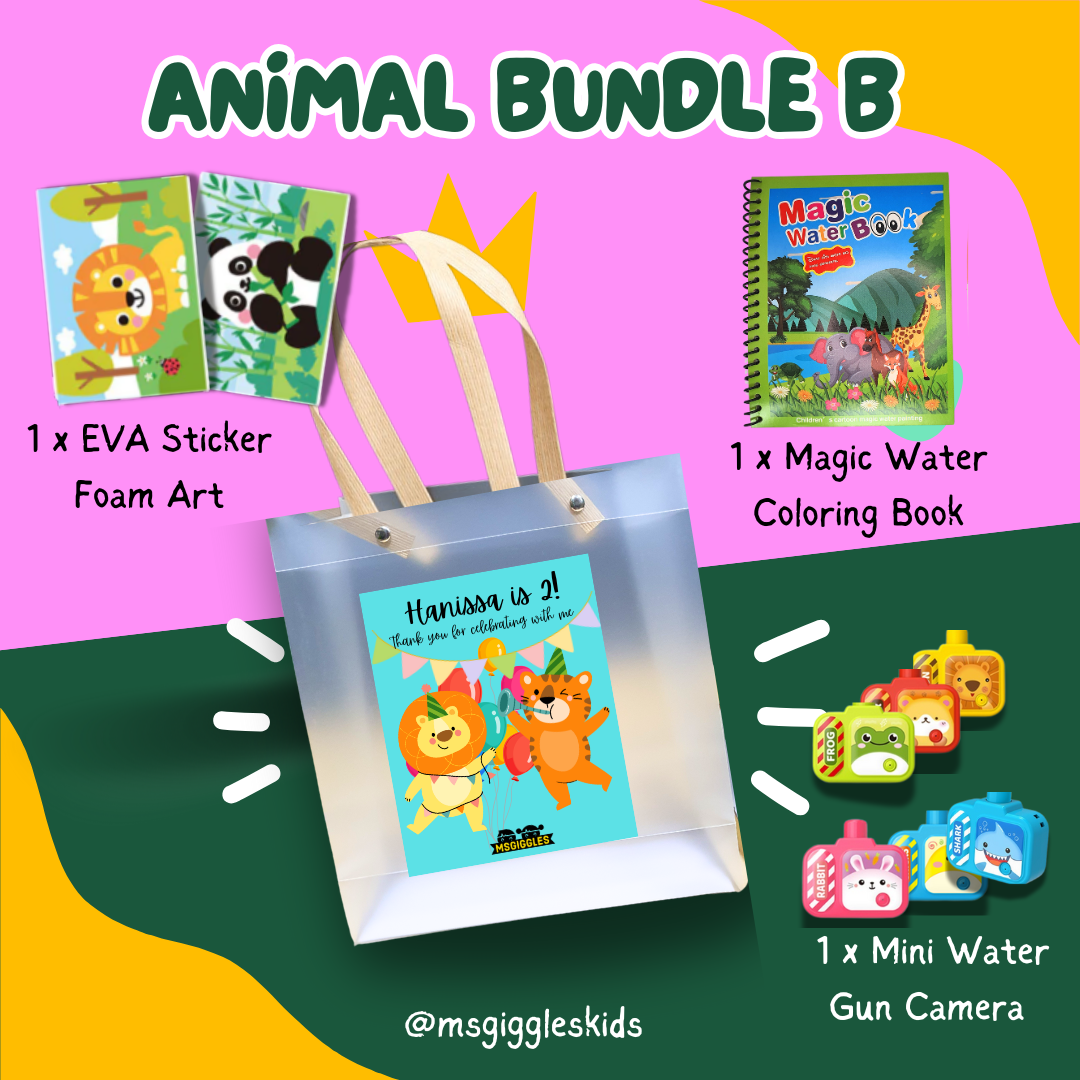 Kids goodie bags with magic water coloring book, EVA foam animal stickers, and mini water gun camera in a party pack.