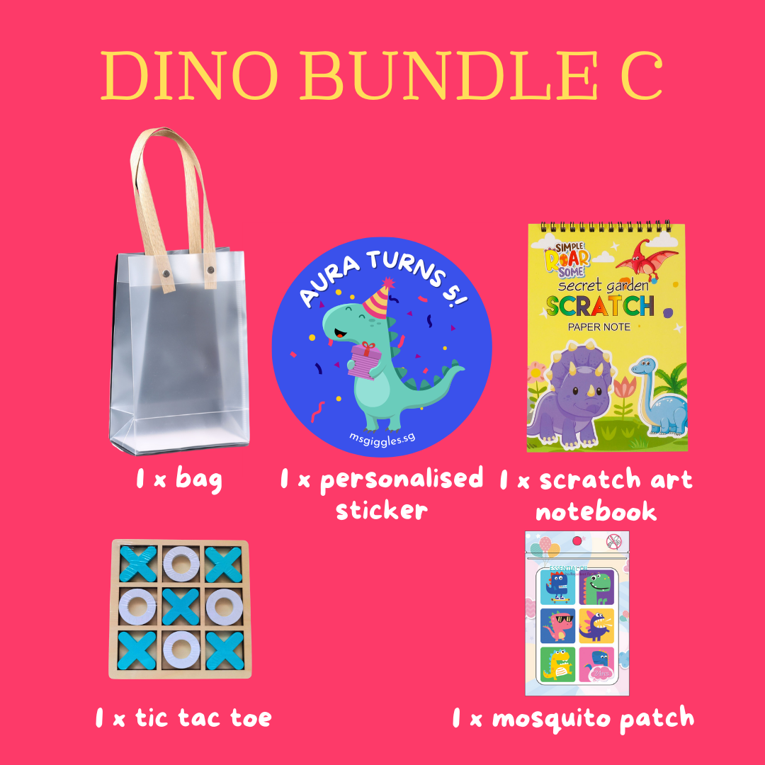 Scratch Art Party Pack with personalized sticker, scratch art notebook, tic tac toe game, mosquito patches, and bag for kids' parties