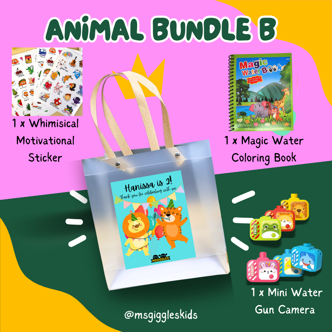 Kids goodie bags with magic water coloring book, whimsical stickers, and mini water gun camera in a party pack