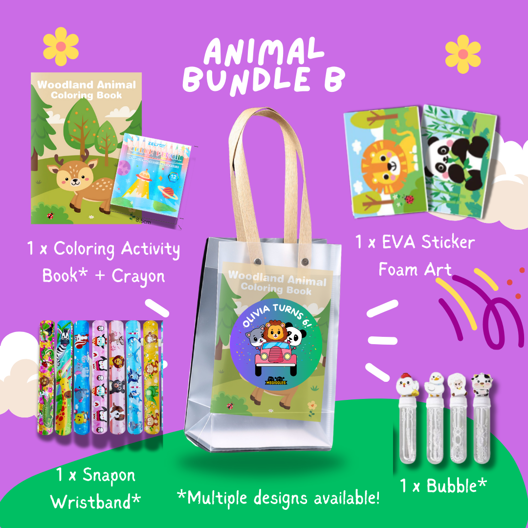 Fun with Colors party pack Bundle B with animal coloring book, crayons, snap-on wristband, stickers, and bubble wand in a clear tote bag