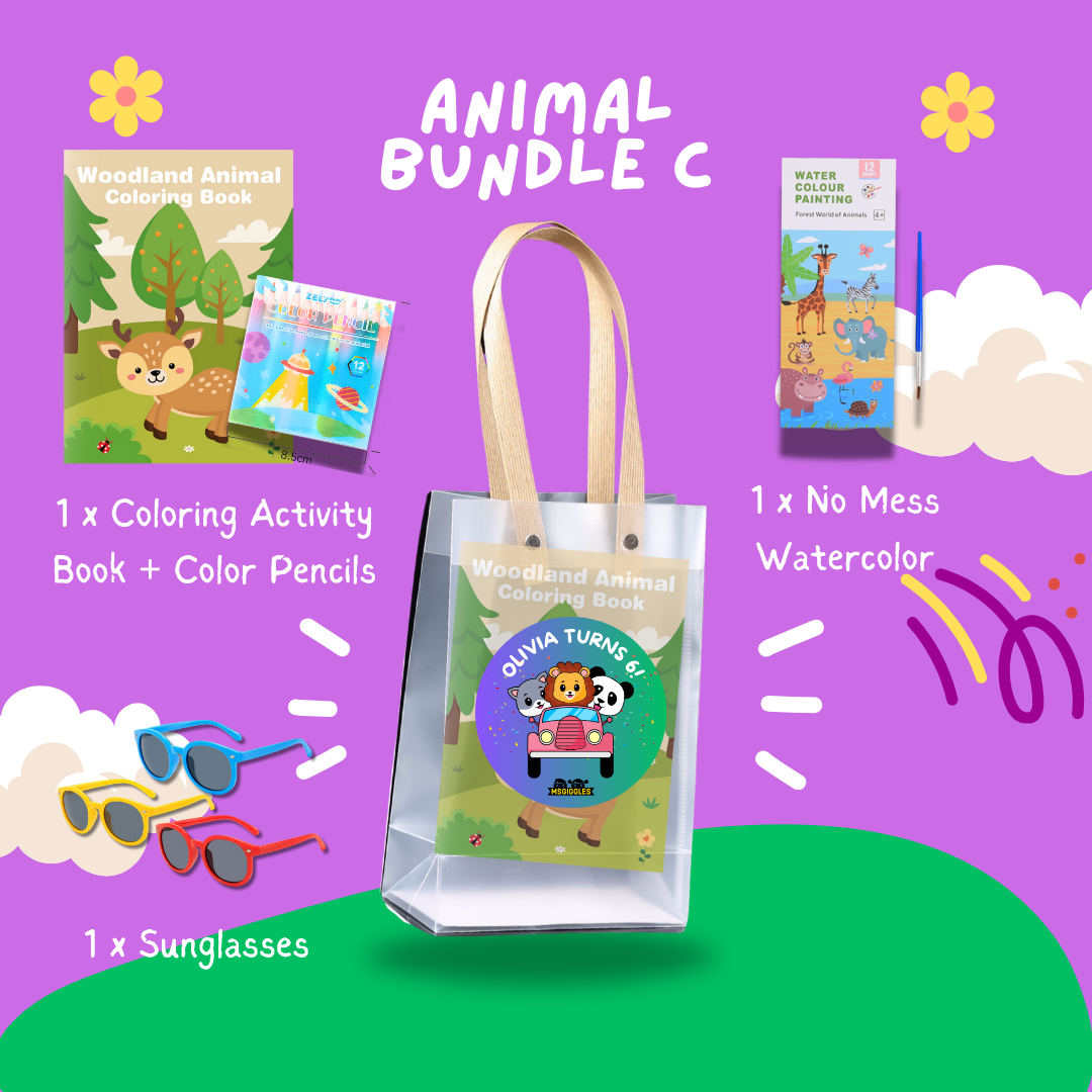 Fun with Colors Party Pack Bundle C with Woodland Animal Coloring Book, color pencils, sunglasses, and no-mess watercolor set in a clear gift bag