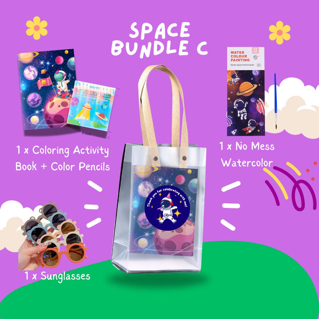 Fun with Colors Party Pack - Space Bundle C with coloring book, pencils, no-mess watercolor, and sunglasses in a clear bag.