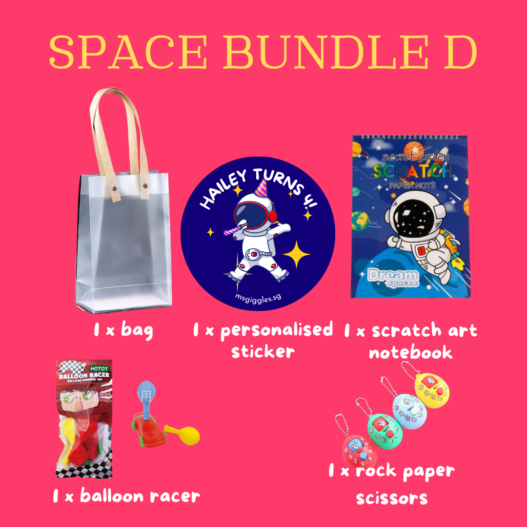 Scratch Art Party Pack with goodie bag, personalized sticker, scratch art notebook, balloon racer, rock paper scissors toy.