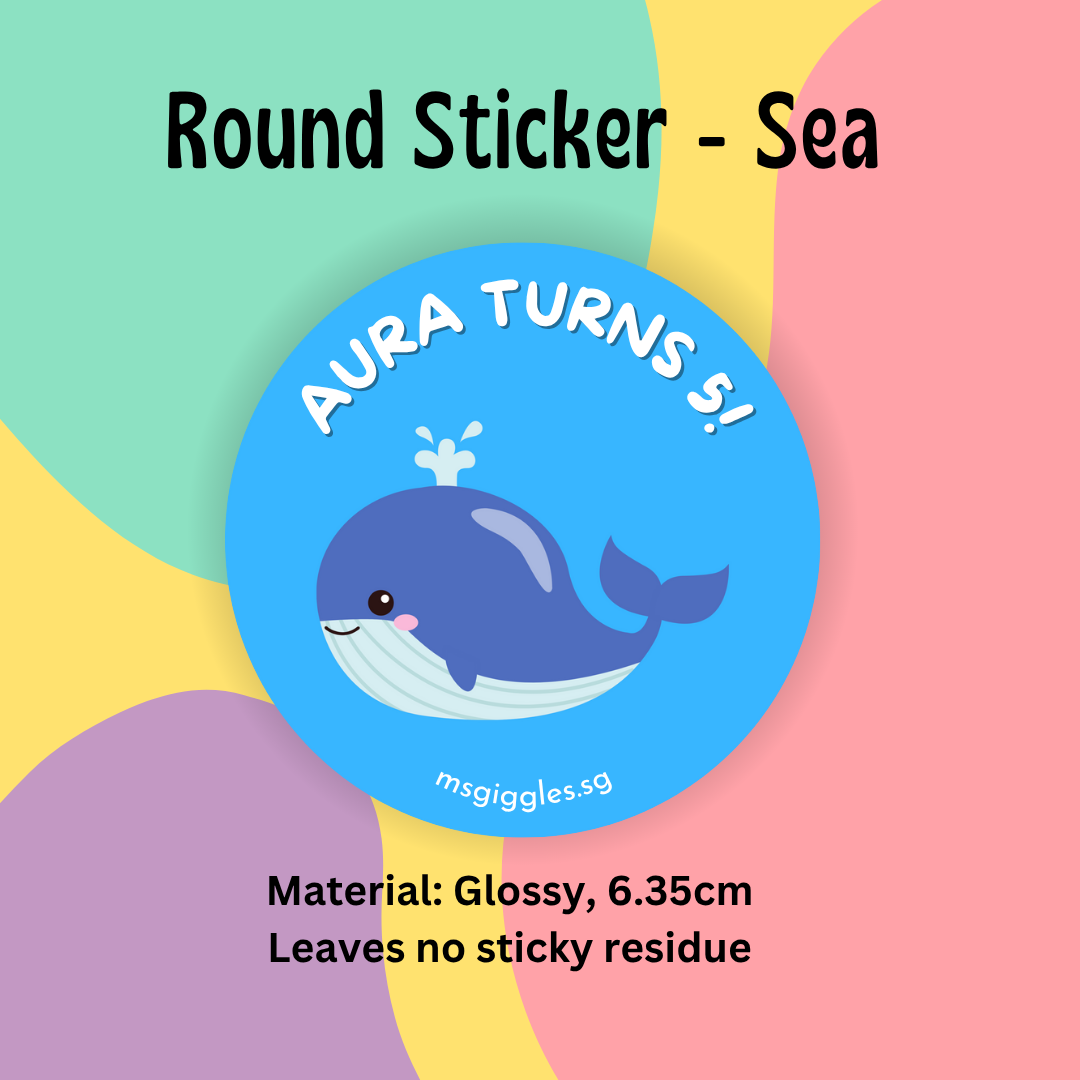 Round glossy gift sticker featuring a cute blue whale and personalized message, 6.35cm in size from MsGiggles.