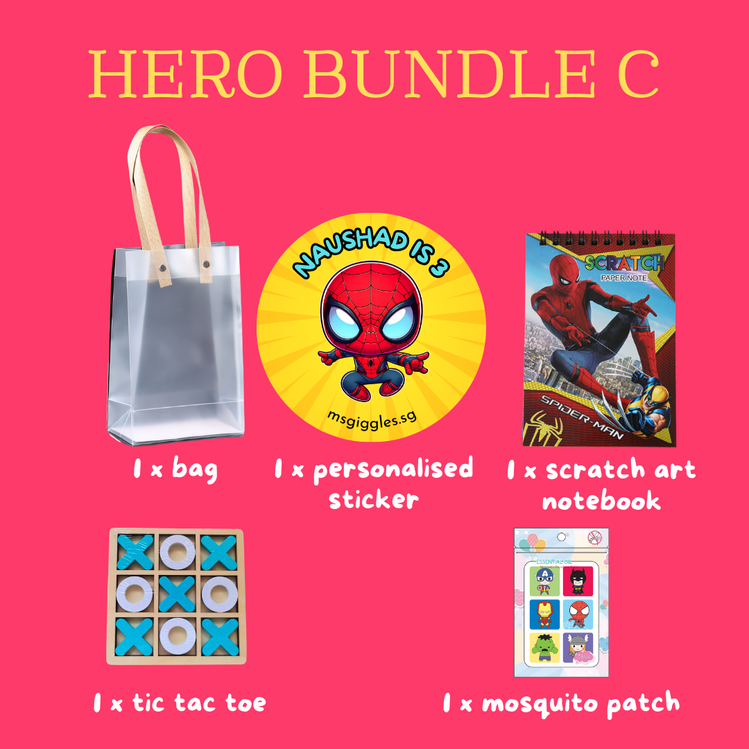 Scratch Art Party Pack with personalized sticker, scratch art notebook, tic tac toe, mosquito patch, and party bag