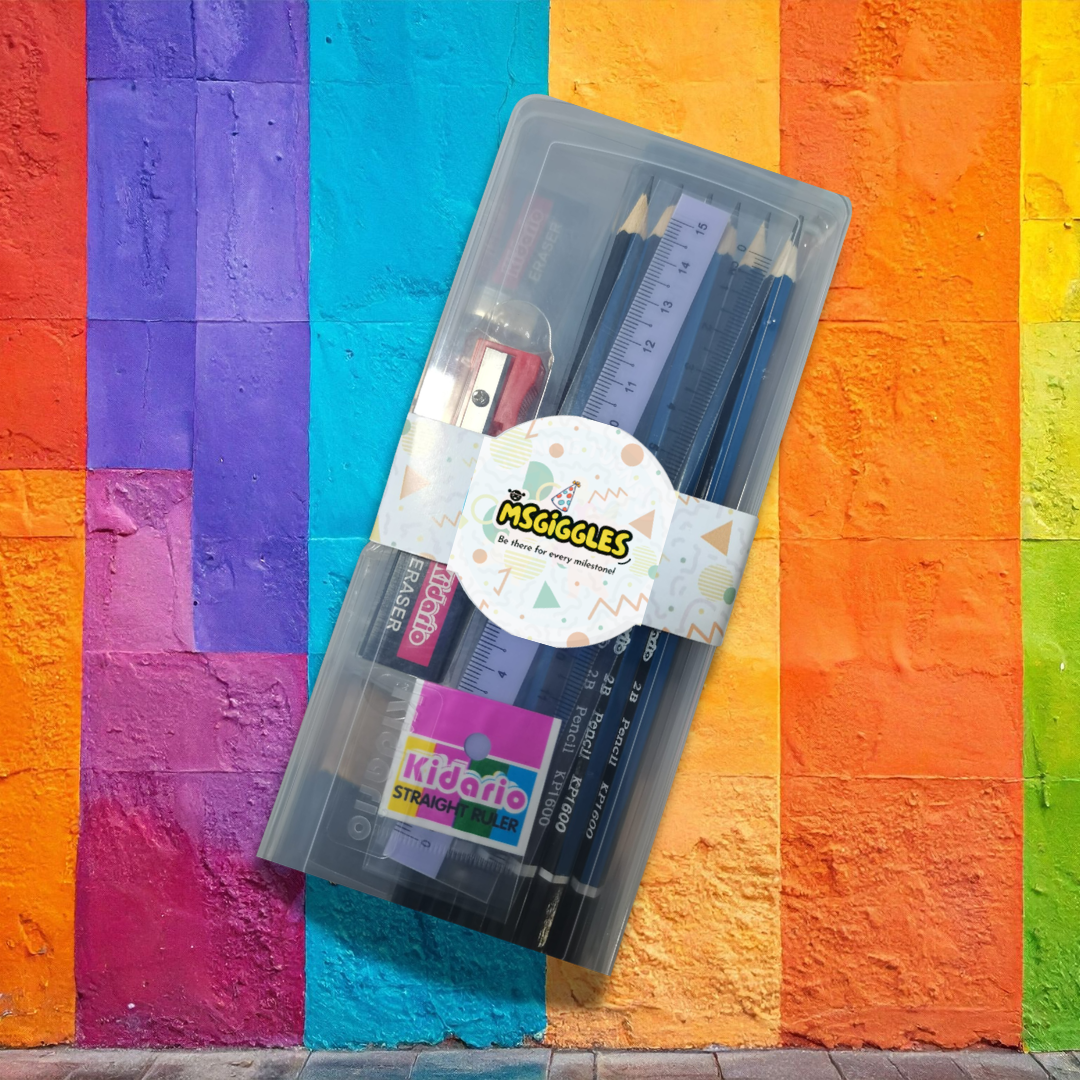 10pc stationery set with 2B pencils, ruler, eraser, sharpener in transparent case