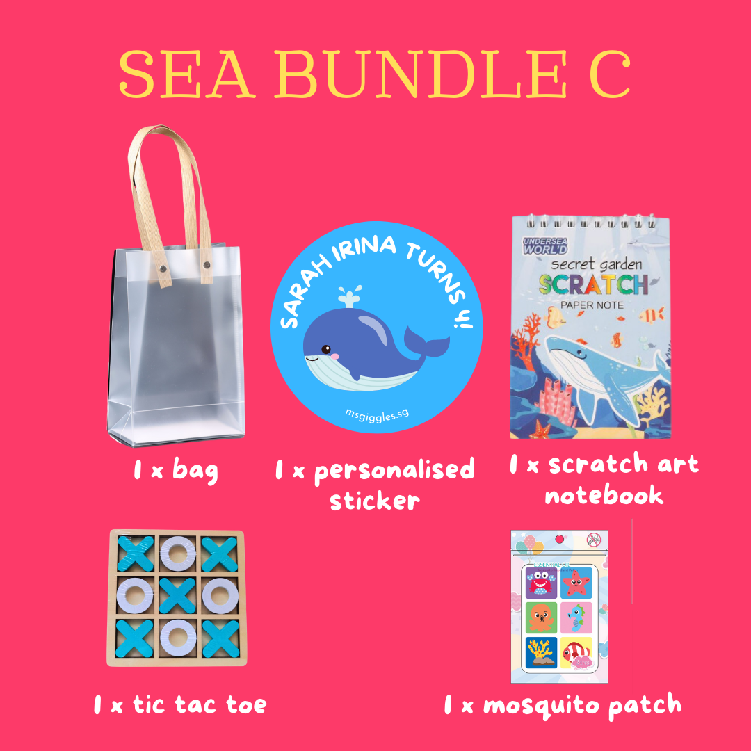 Scratch Art Party Pack with personalized sticker, scratch art notebook, tic tac toe game, mosquito patch, and tote bag for kids' parties