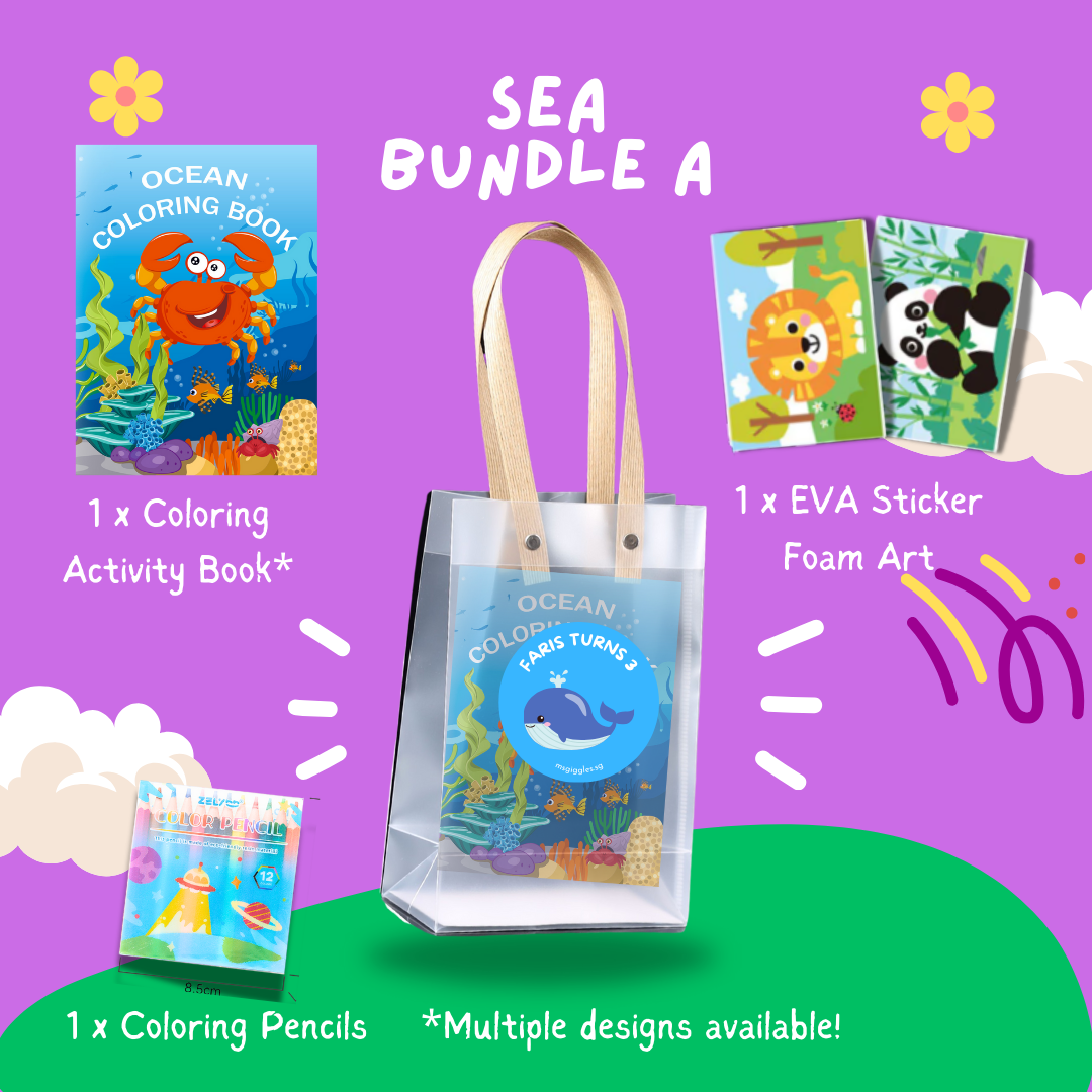 Fun with Colors party pack Sea Bundle A with ocean coloring book, coloring pencils, and EVA sticker foam art in clear bag