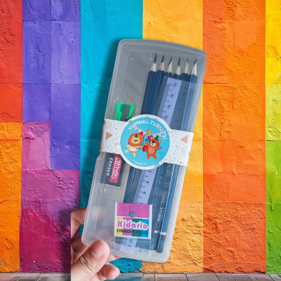 10pc Stationery Set with pencils, ruler, eraser, sharpener in transparent pencil case
