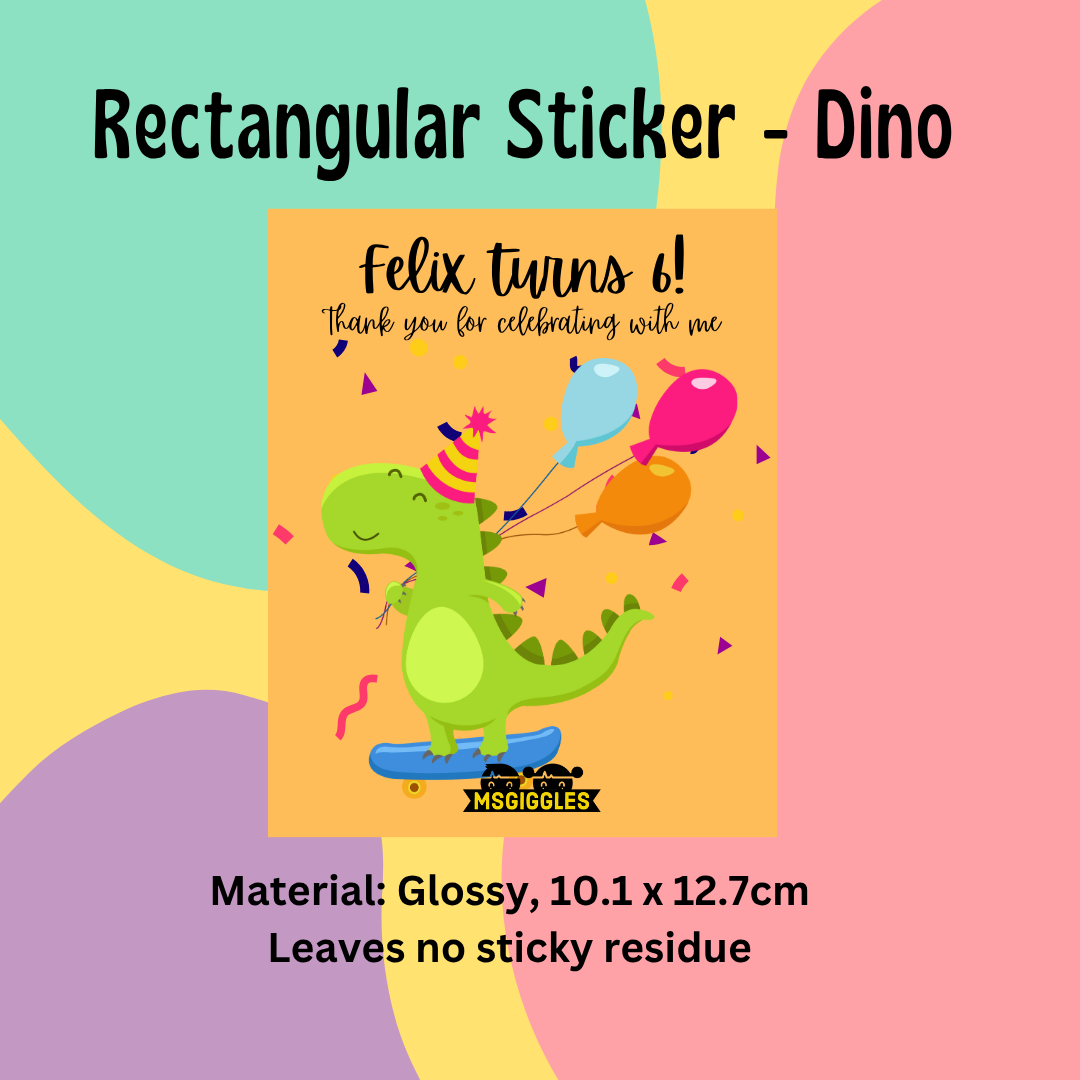 Rectangular dinosaur-themed sticker for celebrations, with customizable message and balloons, 10.1 x 12.7 cm.