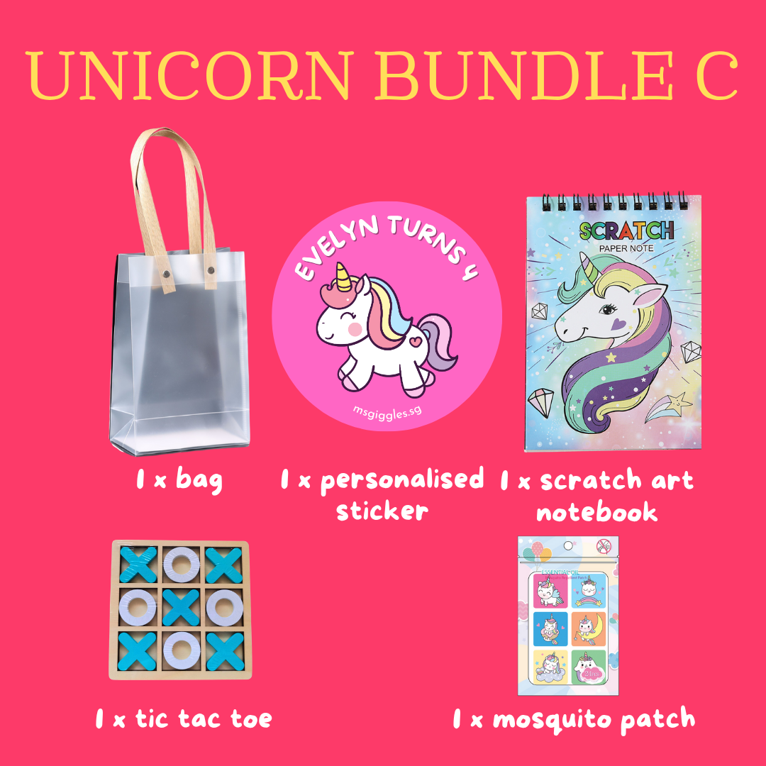 Scratch Art Party Pack Unicorn Bundle with personalized sticker, scratch art notebook, tic tac toe game, mosquito patch, and gift bag on pink background