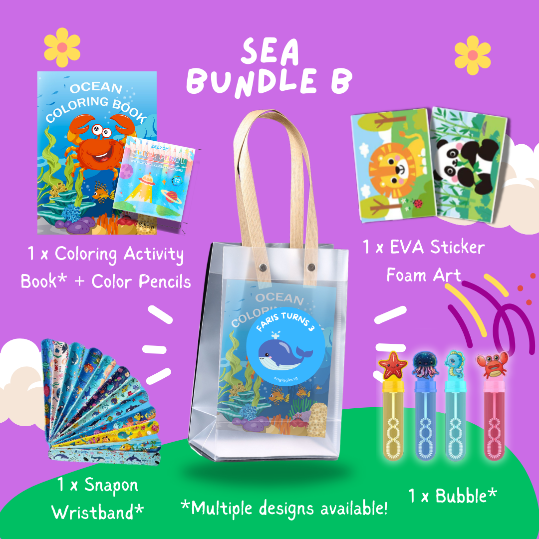 Fun with Colors party pack Bundle B with ocean coloring book, color pencils, EVA foam art sticker, snap-on wristband, and bubble wand in clear gift bag