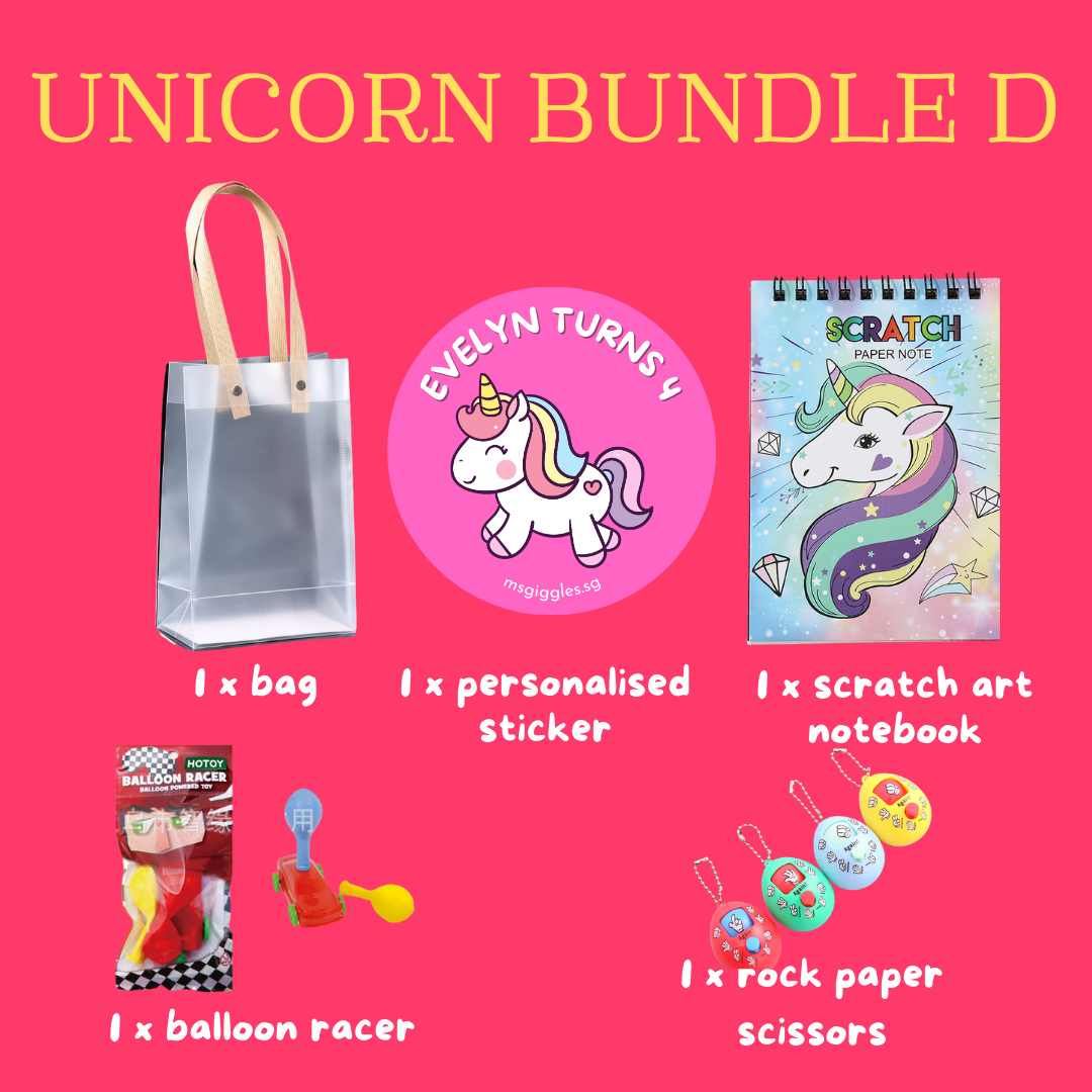 Scratch Art Party Pack with personalized sticker, unicorn scratch notepad, bag, balloon racer, and rock-paper-scissors toy bundle.
