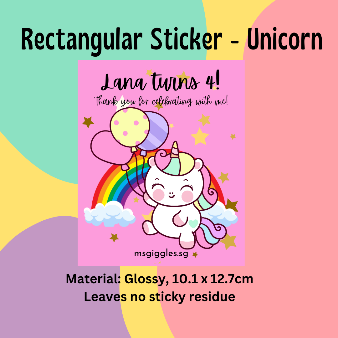 Colorful unicorn-themed rectangular sticker for personalizing gift tags, featuring a rainbow and birthday message.