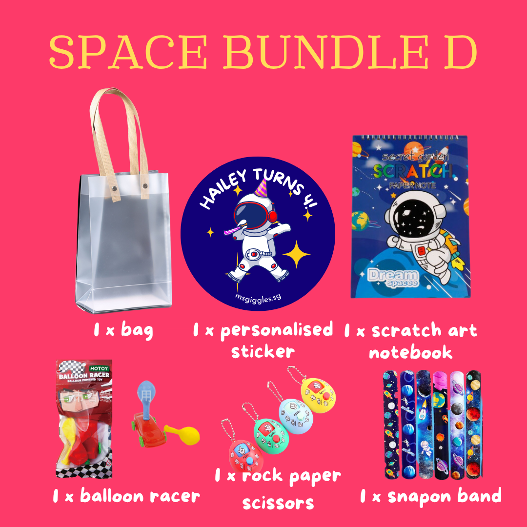 Scratch Art Party Pack with space-themed scratch art notebook, personalized sticker, balloon racer, rock paper scissors toy, snap-on bands, and a clear party bag