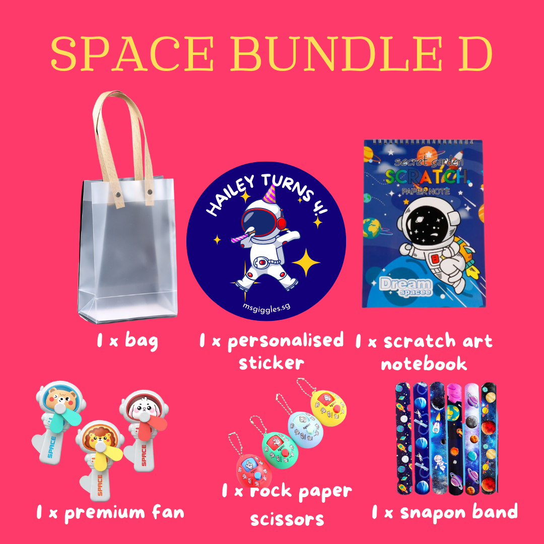 Scratch Art Party Pack Space Bundle D with personalized sticker, scratch art notebook, premium fan, rock paper scissors, snap on bands, and a clear goodie bag